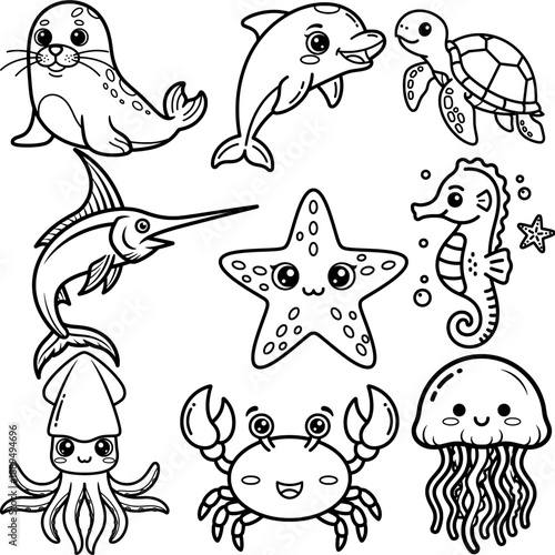 Cute Sea Animals Line Art Collection for Kids Coloring Page