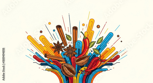 Vibrant colorful illustration of assorted spices and herbs exploding in dynamic motion on white background for culinary or recipe use