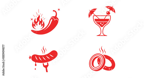 A set of red flat design icons for a restaurant menu, including spicy chili, cocktail, sausage, and onion rings