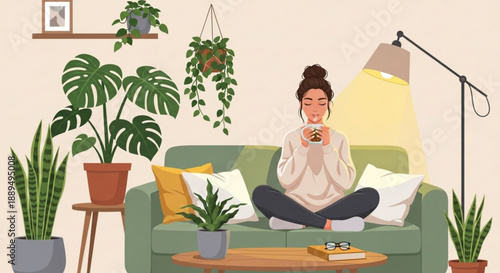 Woman relaxing on sofa with coffee and plants in cozy living room with soft lighting and calming atmosphere