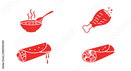 A set of four red vector icons representing popular food items including soup, chicken, burrito, and salad wrap