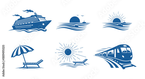 Collection of six blue icons representing travel, transportation, and holiday activities