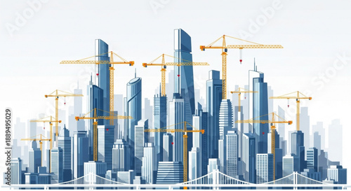 Modern cityscape with skyscrapers and construction cranes in blue tones and yellow accents urban development concept vector illustration