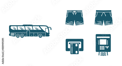A collection of travel-related icons including bus, shorts, world globe, and atm machine symbols