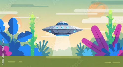 Ufo flying over futuristic landscape with vibrant plants and foliage in a cartoon style illustration