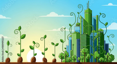 Sustainable cityscape with growing plants and skyscrapers in harmony under a bright blue sky with fluffy white clouds