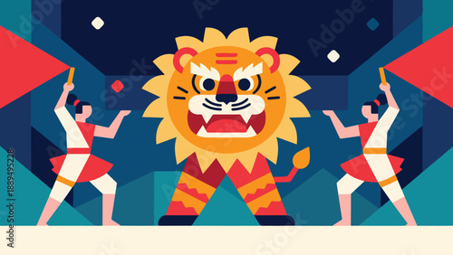Illustration Of Lion Dance Performance With Two Dancers Vector Design Template