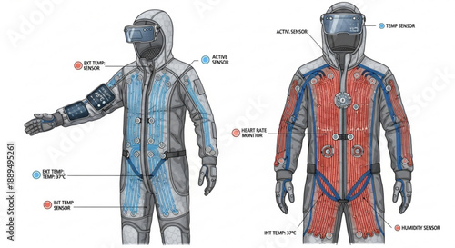 Futuristic space suits with detailed component annotations for astronauts showcasing advanced technology and protective