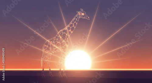 Wireframe giraffe sculpture stands against vibrant sunset with sun rays