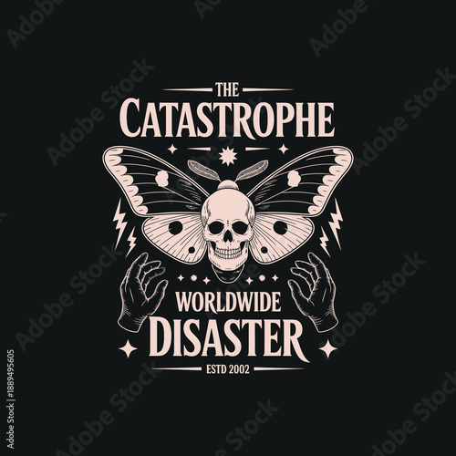 Catastrophe worldwide disaster graphic featuring moth skull and hands design