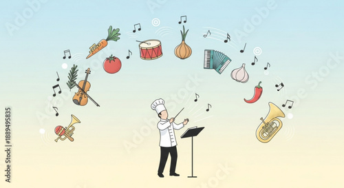 Chef conducting orchestra of food and music icons in whimsical illustration with gradient background and musical notes