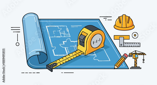 Architectural Blueprint and Construction Planning Tools Illustration. Tape Measure, Hard Hat, and Engineering Design Concept.