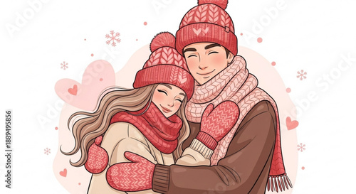 Couple embracing in winter clothing man and woman in love tender moment cold weather snowy scene heartwarming illustration
