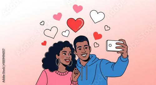 Young couple taking selfie together with hearts floating above them happy smiling and embracing vector illustration flat design pink