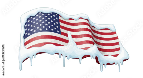 Frozen American Flag with Snow and Icicles