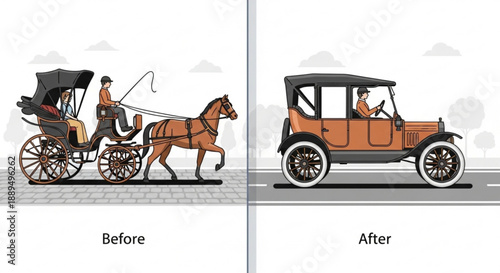 Vintage horse drawn carriage transformed into a classic car illustration before and after comparison side by side vector graphics detailed