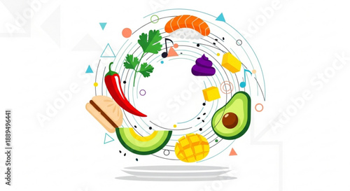 Vibrant kitchen utensil illustration with fresh ingredients and abstract shapes in a dynamic circular composition on a clean white background