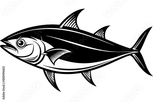 A black and white vector illustration of a tuna fish in a dynamic swimming pose