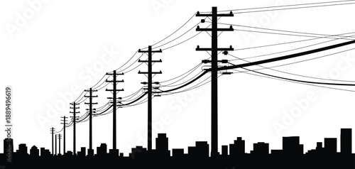 Urban power transmission lines and utility poles silhouette against city skyline representing electricity infrastructure, energy distribution, communication networks, and modern