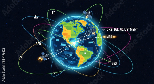 Global satellite network illustration showing earth's orbital adjustment with led satellites and spacecraft in orbit around the planet