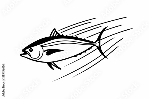 A black and white vector graphic illustration of a tuna fish swimming quickly through the water.