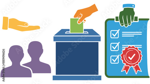 A graphic illustration of a democratic voting process with ballot box and checklist