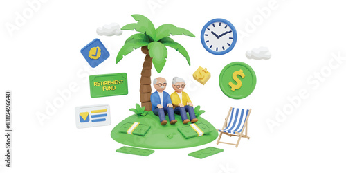 Happy Senior Couple Enjoying Retirement on Tropical Island with Money and Time Symbols
