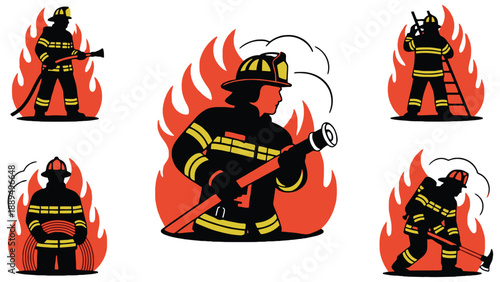 A firefighter in various poses fighting flames with a hose and equipment