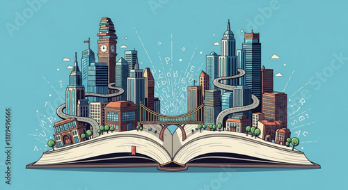 Open book with cityscape emerging skyscrapers rising from pages urban landscape education knowledge creativity modern architecture vibrant