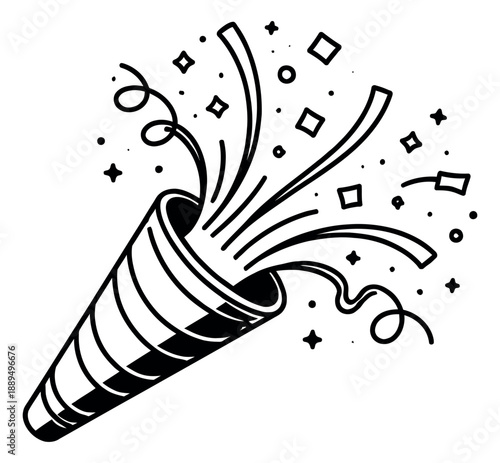 Hand drawn line art illustration of a party popper depicting confetti and streamers bursting out for celebration events