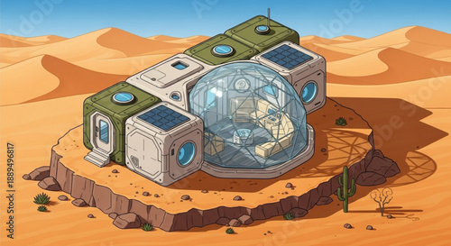 Futuristic eco friendly habitat module standing alone on a cliff in a vast desert landscape with solar panels and a large transparent dome