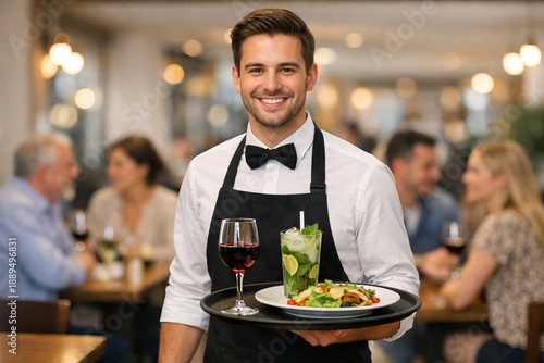 Young man waiter smiling and holding tray with drinks and food in restaurant serving clients. Professional service at catering establishment