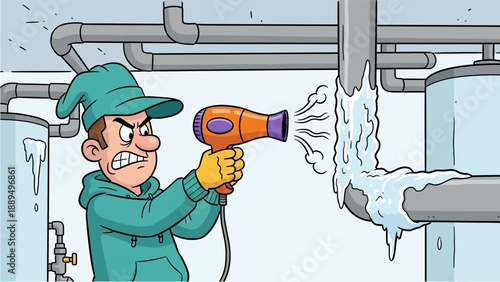 Man using a hairdryer to thaw a frozen pipe in a utility room, looking frustrated and angry.