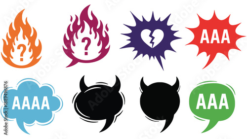 A collection of colorful speech bubbles and emoticon icons on a white background