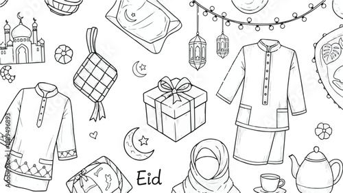 Hand drawn doodle Eid preparation elements, ketupat, gift box, clothes, flat style.