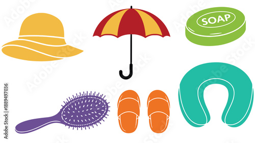 A collection of colorful travel and hygiene items for a relaxing vacation