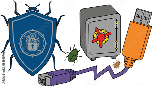 A cartoon illustration of computer security and protection against malware and viruses