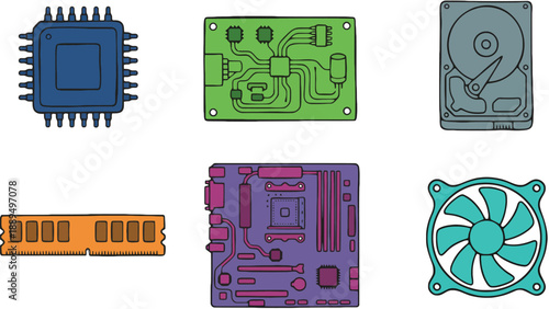 A colorful illustration of various computer hardware components on a white background