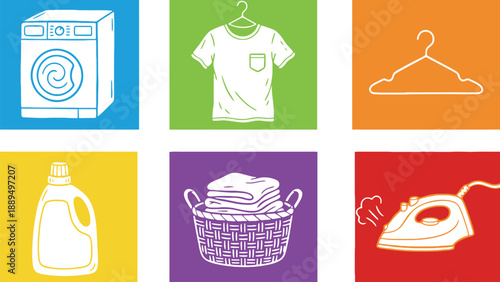 A colorful illustration of various laundry and cleaning icons on a white background