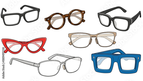 A diverse collection of eyeglasses showcasing various frame styles, shapes, and colors.