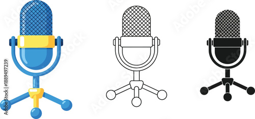 Three different colored microphones on stands against a white background