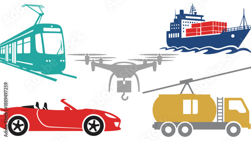 A collection of various transportation vehicles and modes of travel on land and sea