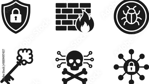 A collection of black and white cybersecurity icons on a clean white background