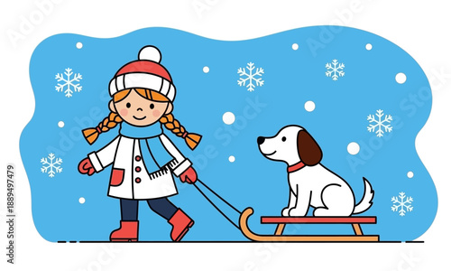 A cute cartoon girl in winter clothes pulling a sled with a happy white dog sitting on it, with snowflakes falling in a blue winter scene.