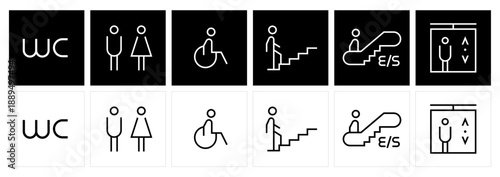 Universal Wayfinding Signage Icons Set for Public Buildings, Restroom Elevator Escalator Accessibility Vector