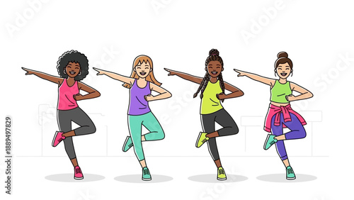 Four diverse women in activewear dancing together in a fitness class, showcasing energy and healthy lifestyle.