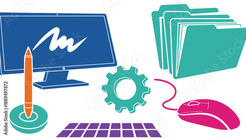 A colorful illustration of office supplies and computer equipment for modern workspace organization
