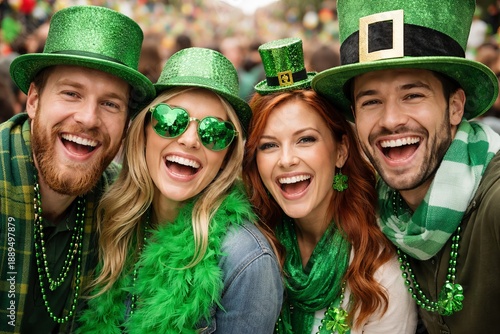 Four young adult friends happily celebrating St Patricks Day. Group of happy people festive atmosphere and cheerful holiday spirit
