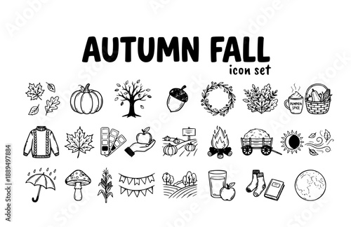 Autumn Fall Season Leaves Pumpkin Harvest Thanksgiving Orange Cozy Foliage Maple Vector Icon Set - October Halloween Line Art Collection