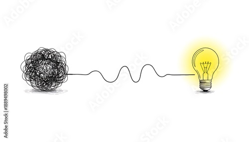Tangled messy line ball represents complex problem challenge. Winding path connects to shining light bulb. Visualizes process of discovery, creative thinking, problem solving, Strategic Thinking & Bus
